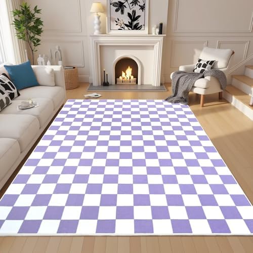 Terrug Purple and White Checkered Rug for Living Room,6x9 Area Rugs Washable with Non Slip for Bedroom,Soft Low Pile Stain Resistance Retro Carpet for Dorm Kids Room - Image 3