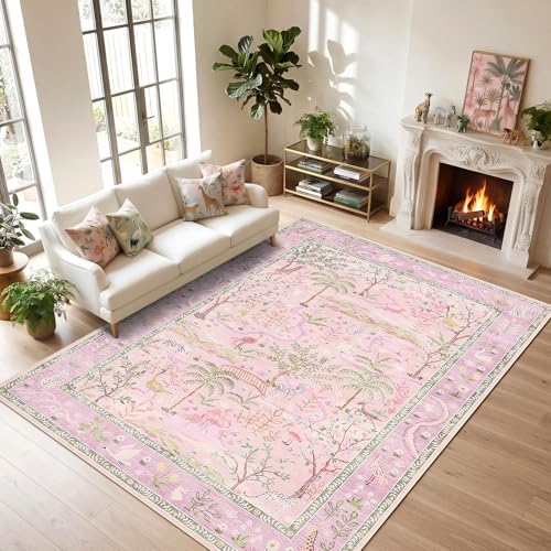 8x10 Washable Rug for Living Room Purple Animal Print Large Bedroom Rugs Non Slip Forest Nursery Girls Room Throw Carpet Stain Resistant Whimsical Safari Area Rugs for Home Office, Lavender by Garvee