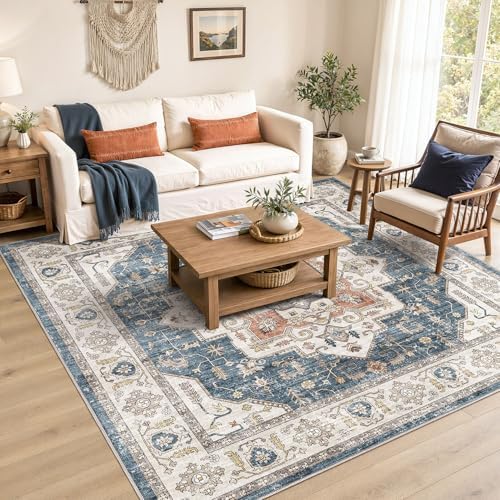 8x8 Square Area Rug: Washable Vintage Blue Area Rug for Living Room by ZUNTKON