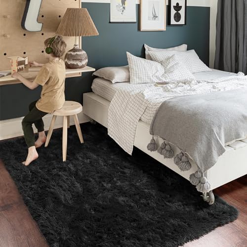 Amdrebio Black Fluffy Fuzzy Area Rug 4x6 for Men Boys Bedroom Living Room - Image 3