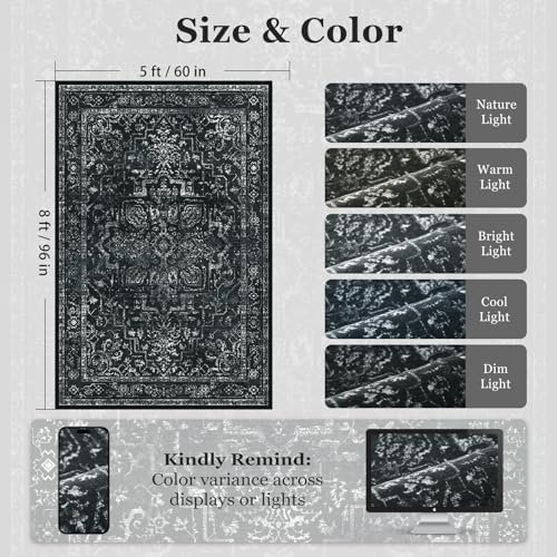 Vintage Dark Area Rugs 5x8, Non Slip Washable Rug for Living Room Bedroom, Medallion Distressed Printed Low Pile Thin Carpet Rugs for Dining Room/Kitchen/Home Office, Black and White - Image 2