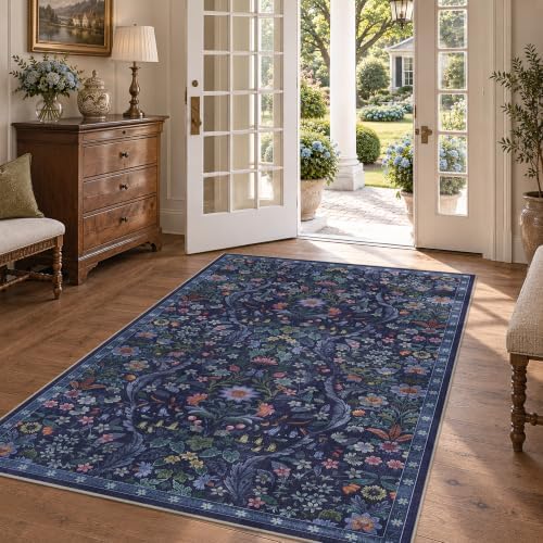 3x5 Throw Rug Floral Print Blue Rug Soft Low Pile for Entryway by NakedCloud