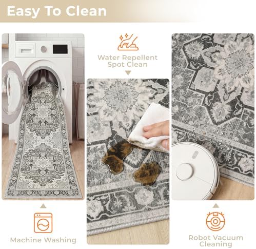3 Piece Kitchen Rugs Sets with Runner, Washable Non Slip Soft Boho Kitchen Mats, Low Pile Stain Resistant Carpet for Hallway, Laundry Room, Entryway, Home Decor (20"x32"+20"x48"+20"x59", Gray) - Image 3