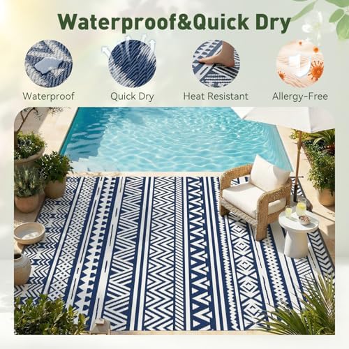MontVoo Outdoor Rug 8x10 Waterproof Outdoor Patio Rug Mat Reverisble Plastic Straw Outdoor Rug for RV Camping Picnic Beach Balcony Boho Navy Blue - Image 4