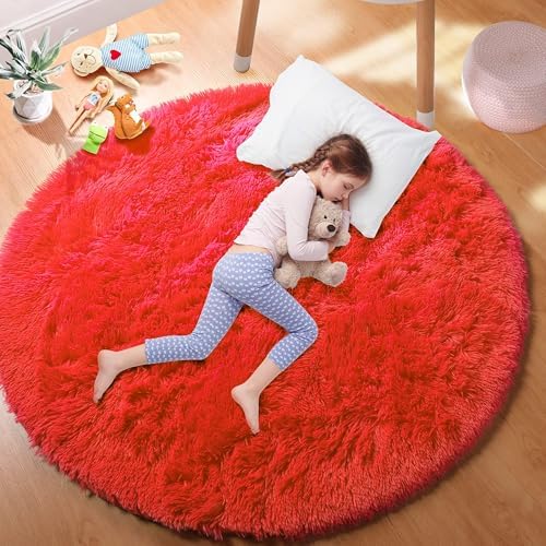 PAGISOFE Red Round Rugs for Livingroom, Circle Rugs 5x5 Feet, Ultra Soft Children Rugs for Boys/girls Bedroom, Fluffy Carpets, Shaggy Rugs, Small Teepee Furry Mat, Comfy Reading Rug, Circular Rug by PAGISOFE