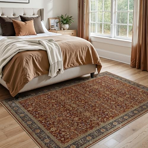 5x8 Washable Area Rugs, Low Pile Thin Print Living Room Bedroom Rug Non Slip, Vintage Maximalist Carpet Rugs for Dining Room Home Office Old Money Aesthetic, Deep Burnt Orange - Image 4