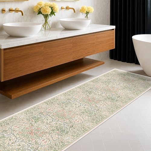 Beige Green Washable 2x8 Rug Runner Non Slip for Kitchen, Bathroom, Hallway by HazoHaus