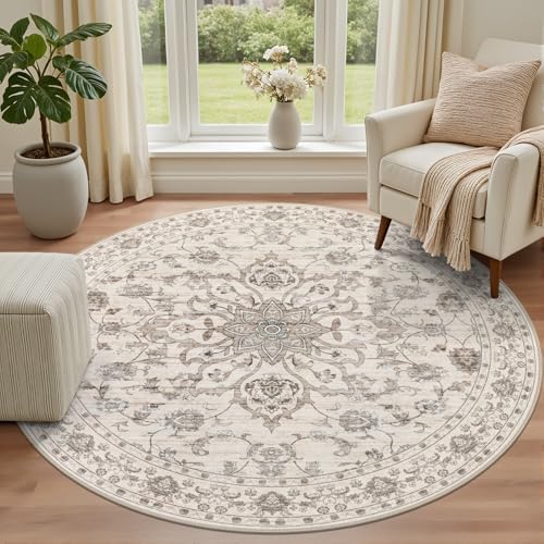 Round Area Rug for Living Room: 6ft Boho Washable Rug Brown Beige - Image 2