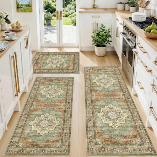 Boho Kitchen Rug Set of 3: Non-Skid Washable Kitchen Mats for Floor Soft Low Pile Kitchen Rugs and Runner for Entryway Bathroom Hallway Indoor Small Carpet Home Decor for Laundry (Green,2x3+2x4+2x5) by YOUFORTONG