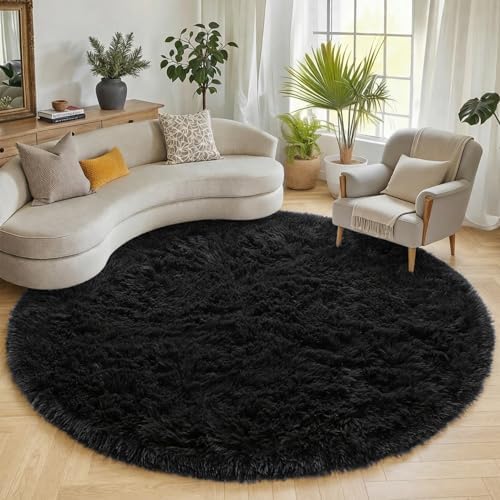 ONASAR Black Round Rugs 7ft for Living Room, Fluffy Bedroom Circle Area Rug, Soft Plush Shaggy Carpet for Kids Girls Boys Teen Nursery Dorm Classroom Playroom Home Decor Aesthetic - Image 5