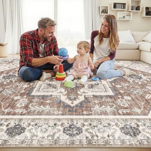 Area Rug 6x9 for Living Room - Washable Oriental Vintage Floral Distressed Large Indoor Carpets with Non Slip Back for Bedroom Dining Room Nursery Office Home Decor -Terracotta/Brown - Image 4