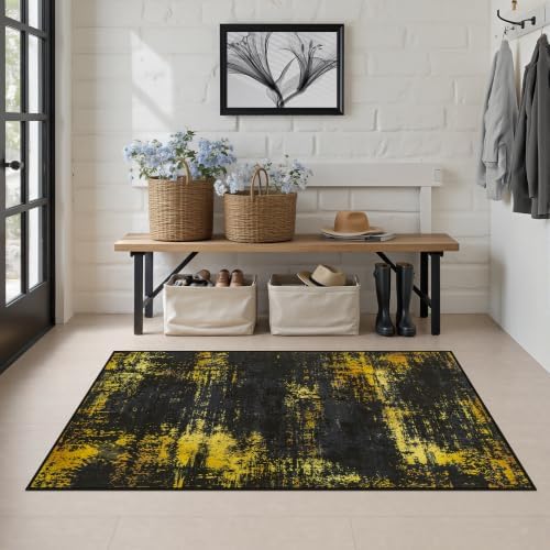 Area Rug Living Room: 3x5 Modern Washable Soft Carpet Black Gold - Image 3
