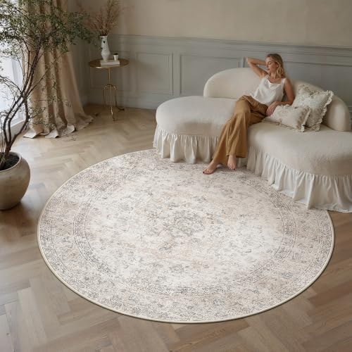 6R Washable Round Rug Beige Grey Non Slip Vintage Carpet by WondRg