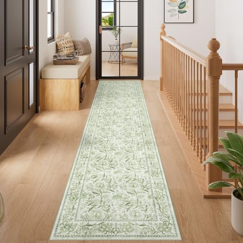 DUKINO 2x8 Runner Rug, Washable Vintage Floral Kitchen Rugs, Sage Green - Image 5