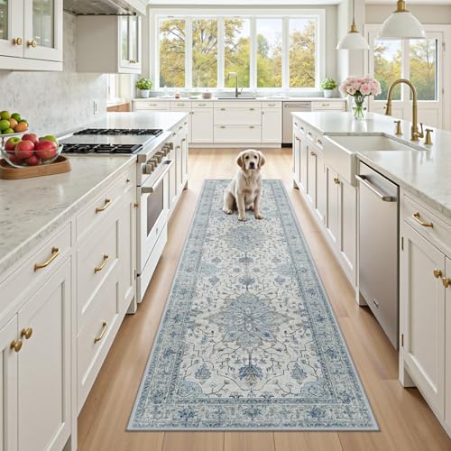RELEANY Washable Area Rug, Runner 2'x8', Blue/White/Gray by RELEANY