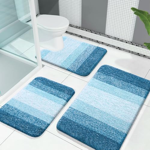 OLANLY Microfiber Bathroom Rugs Sets 3 Piece, Soft Bath Mats, Peacock Blue by OLANLY