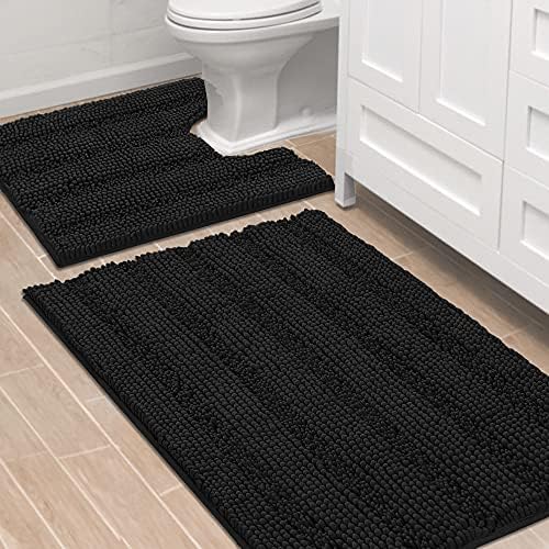 H.VERSAILTEX Bathroom Rugs Bath Rug Set 2 Piece Bathroom Contour Rug Toilet Mat Sets Non Slip Contour Bath Rug Ultra Thick Water Absorbent Striped Bath Mats Washable(36" x 24" Plus 20" x 24" U, Black) by HVERSAILTEX