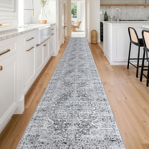 KUTA Long Runner Rug for Hallway 2.6x20ft Grey Blue White Vintage Washable - Image 3
