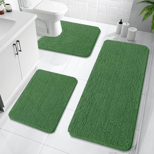OLANLY Bathroom Rugs Sets 3 Piece, 47"x20"+24"x16"+24"x20", Olive Green by OLANLY