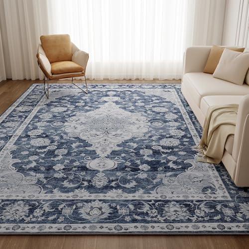 DUKINO 9x12 Area Rugs, Non Slip Distressed Living Room Rugs, Soft Large Washable Area Rugs with Low Pile & No Shedding, Faux Wool Rugs for Bedroom Aesthetic, Dining Room, Blue - Image 2