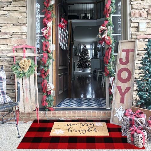 Christmas Plaid Outdoor Rug, 2' x 4'3'' Red & Black Check Indoor/Outdoor Area Rug, Layering Rug for Hello/Welcome Door Mat, Machine Washable Cotton Woven Rug for Farmhouse Front Porch, Entryway - Image 3