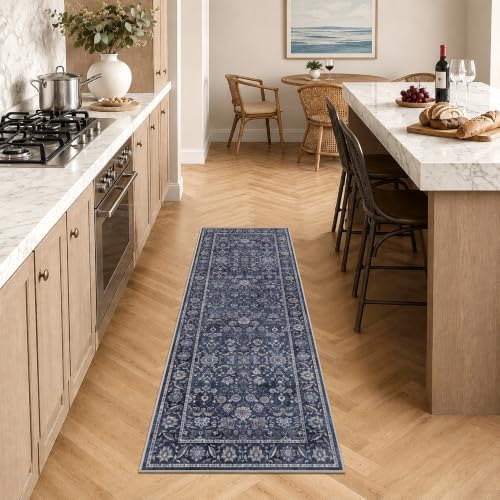 Washable 2x6 Kitchen Non-Slip Runner Rug Retro Denim Blue Floor Mat - Image 3