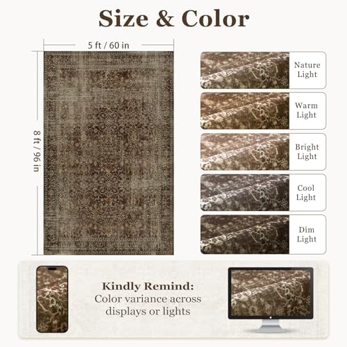 Vintage Brown 5x8 Area Rugs for Living Room, Distressed Earth Tone Dining Room Rug Washable Non Slip, Low Pile Thin Carpet Rugs for Den/Bedroom/Foyer/Home Office, Rich Coffee Brown - Image 2