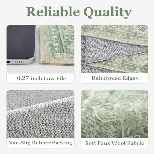 8x10 Sage Green Rugs for Living Room, Modern Vintage Medallion Washable Large Rug for Playroom Bedroom, Cozy Cottagecore Low Pile Thin Soft Carpet Rugs for Dining Room Soft Green - Image 5