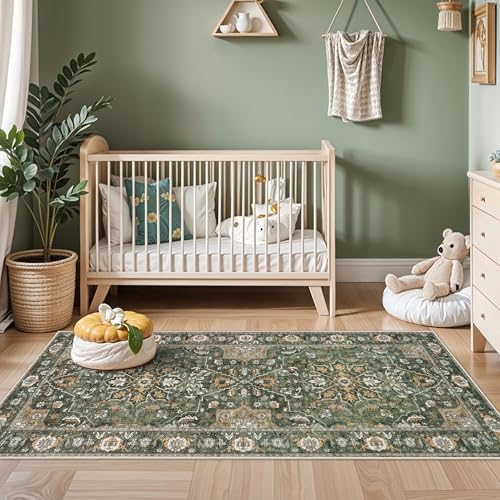 Washable 3x8 Hallway Runner Rug - Kitchen Rugs Ultra Soft Entryway Rug Runner Vintage Floral Floor Mat Non-Slip Low Pile Indoor Farmhouse Carpet for Bathroom Living Room Bedroom (Green,3x8) - Image 3