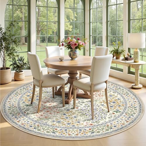 6FT Round Area Rugs, Machine Washable Low Pile Floral Rugs for Living Room, Bedroom, Large Boho Area Rug with Non-Slip Backing for Dining Room(Beige Floral) - Image 3
