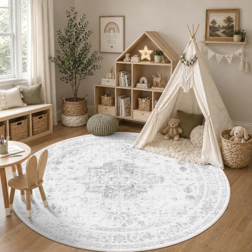 8ft Round Washable Living Room Rug Soft Medallion Gray Throw Carpet - Image 3