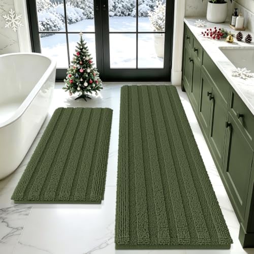 Christmas Striped Olive Green Bathroom Rug Mat Set 2 piece 32"x20"+60"x20" Ultra Soft, Non Slip Chenille Bath Rugs, Absorbent Plush Shaggy Bath Mats for Bathroom, Bedroom, Kitchen, Shower, Tub by ACCUMTEK