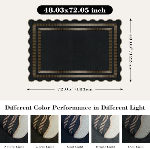 Scalloped Modern Easy Jute Carpet, 4x6 Outdoor Patio Washable Area Rug, Indoor Black Kitchen Rugs Farmhouse Neutral Non Slip Rug for Living Room Patio Entryway - Image 2