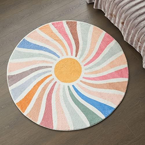 Topotdor Sun Rainbow Round Rug,Colorful Boho Kids Rug Ultra Soft Washable Nursery Rug for Bedroom Perschool Classroom,47" Round - Image 6