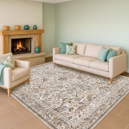 Moss 5x7 Living Room Area Rug, Vintage Washable Rug for Bedroom, Kitchen Table, Home Office, Oriental Brown Botanical Design, Low Pile Soft Carpet with Bird Pattern by HazoHaus