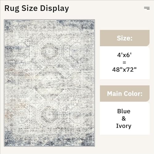 Soalmost 4x6 Area Rug for Living Room, Washable Rugs Non-Slip, Blue/Ivory - Image 5