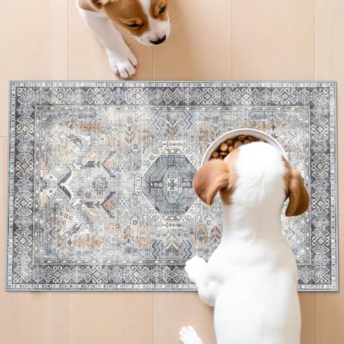 Washable Entryway Area Rug 2x3 - Small Doormat Vintage Distressed Rugs Oriental Non-Slip Stain Resistant Carpet Soft Thin Non-Shedding Indoor Floor Mat for Bedroom Bathroom Kitchen (Grey/Blue,2x3) - Image 3