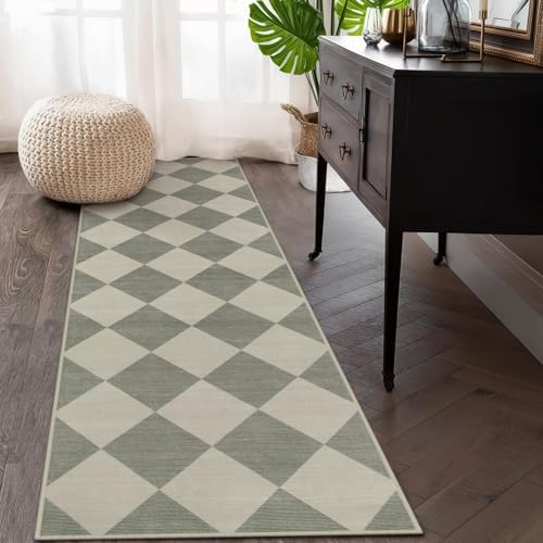 Beeiva Checkered Print Hallway Runner Rug Non Slip, Ultra Thin Washable Kitchen Runner Rug 2x6, Moroccan Neutral Green Soft Floor Carpet for Bedroom Laundry Room, Minimalist Diamond Hallway Decor - Image 3