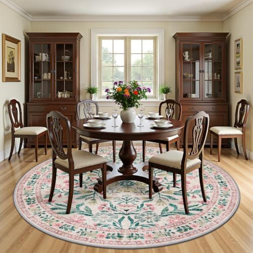 PLHXFR Round Area Rug Living Room: 8 ft Floral Washable Carpet Pink Green - Image 3