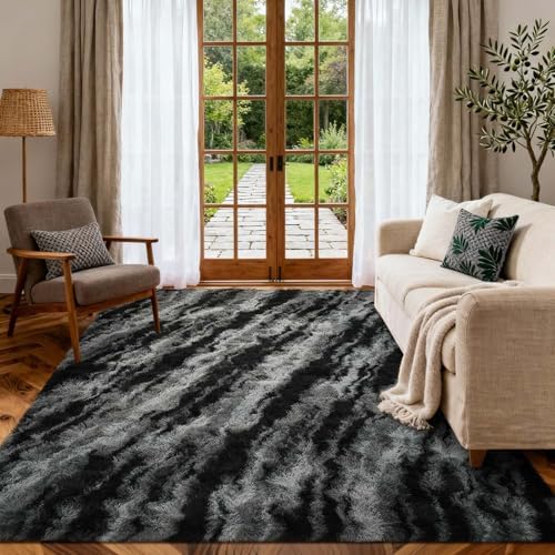 Area Rugs for Living Room, 5x7 Feet Soft Fluffy Shagg Plush Rug High Pile Large Non-Slip Floor Carpet for Bedroom Nursery Dorm Decor Aesthetic Black - Image 3