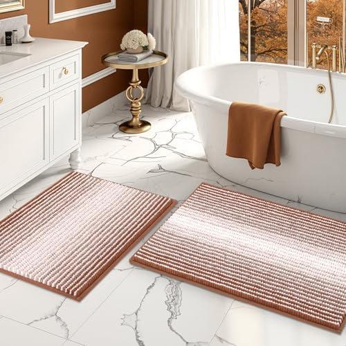 BSICPRO Bathroom Rugs Set 2 Piece, Non Slip Striped Bath Mat, Caramel Brown by BSICPRO