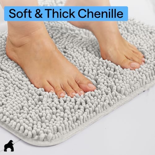 GORILLA GRIP Bath Rug Mat for Bathroom, Absorbent Chenille 44x26 Light Gray - Image 4