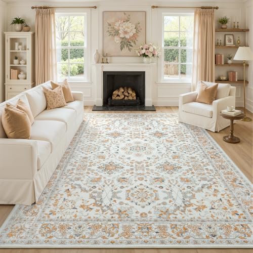 Lessymo Floral 8x10 Area Rugs for Living Room,Large Washable Carpet Beige by Lessymo