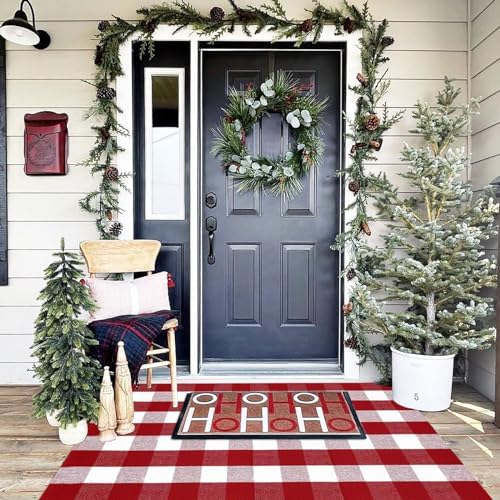 Christmas Door Mat Outdoor 35.4''x59'' Buffalo Plaid Christmas Decor Rug Cotton Hand-Woven Layered Door Mats Washable Carpet for Front Porch, Kitchen, Farmhouse, Entryway - Image 3