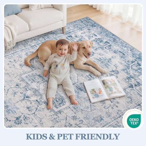 9x12 Washable Area Rugs for Living Room Blue Grey Non-Slip Rug - Image 4