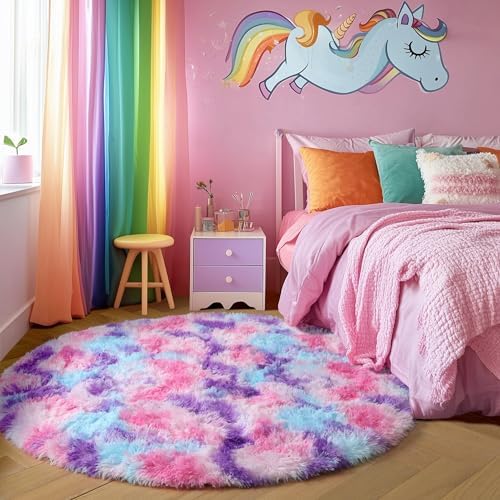 Amdrebio Pink Blue Purple Fluffy Area Rug 5Ft for Girls Bedroom Kids Room - Image 3