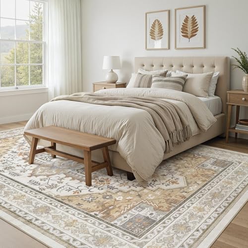 UERMEI 9x12 Area Rug for Living Room - Washable Vintage Carpet, Non-Slip Soft Large Indoor Floor Rugs for Bedroom Home Office & Under Dining Table Decor, Brown Beige - Image 5