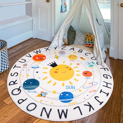 Round ABC Space Kids Rugs,4 ft Non-Slip Solar System Alphabet Rugs, Washable Rug, Soft Plush Educational Circle Rug for Classroom playroom Bedroom Kids Room Decor(for Age 2+) by LTKOUGFAM