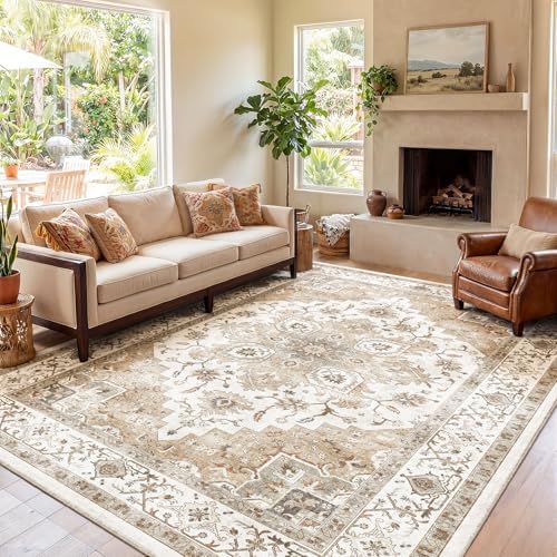 Amada Large 9x12 Washable Area Rug for Living Room, Beige, Vintage Pattern - Image 6