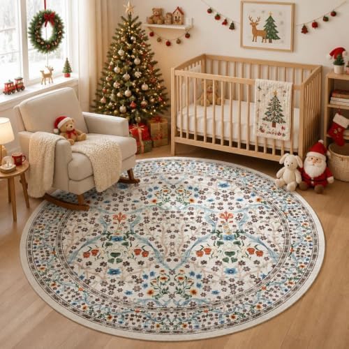 GarveeHome Beige Ivory Floral 4 ft Round Rug Washable Non-Slip Soft Low Pile Small Circle Carpet Vintage Rugs for Kitchen Bedroom Nursery Dining Living Room by GarveeHome